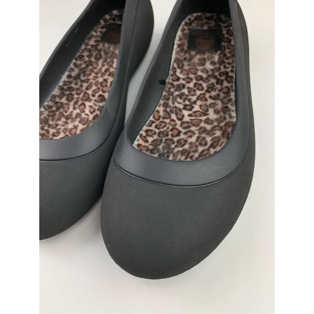Crocs Mammoth Leopard Lined Ballet Flats Black Slip On Comfort Shoes Women's 9